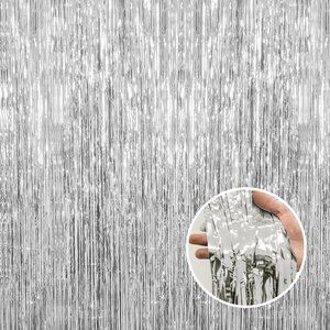 Silver Backdrop 3pack 3.2ft x 6.6ft Metallic Tinsel Foil Fringe Curtains Wedding